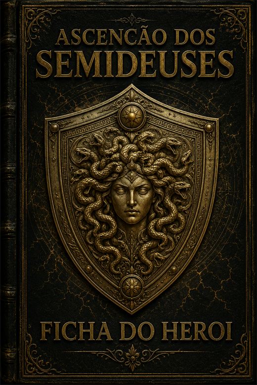 Capa da Ficha do Herói: escudo de bronze com a cabeça da Medusa sobre couro preto