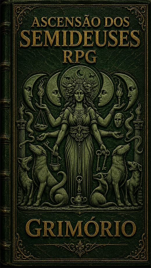 Capa do Grimório: Hécate de três faces em relevo dourado sobre couro verde